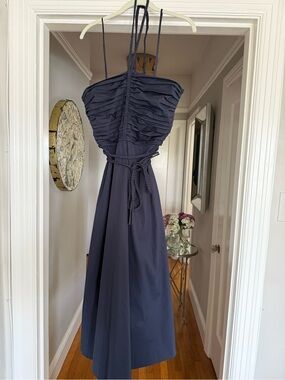 Veronica Beard Navy Strapless Ruched Maxi Dress